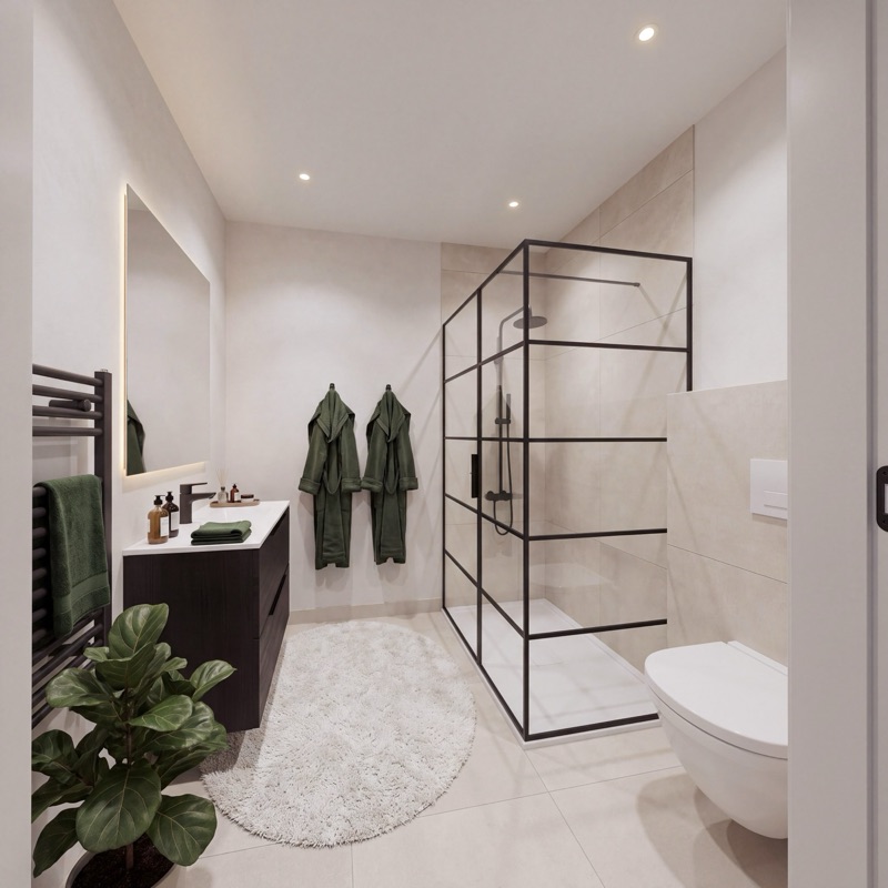 Impressie van de badkamer: inloopdouche met zwart kader, wastafelmeubel, handdoekradiator en hangtoilet.