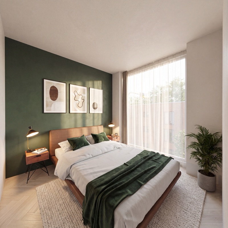 Impressie van een slaapkamer met een groene wand, een tweepersoonsbed en een hoog raam met vitrage.