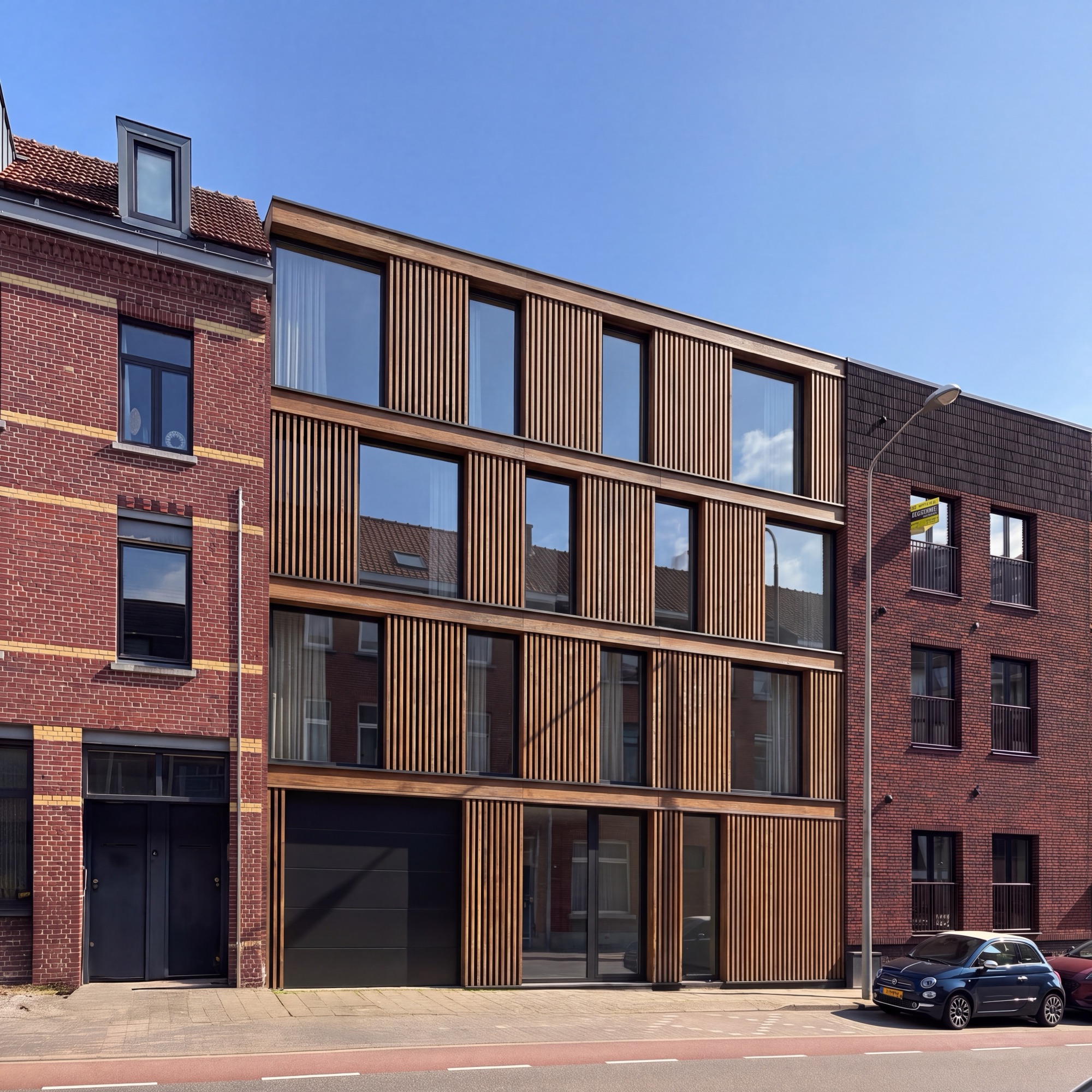 Impressie van het nieuwe gebouw aan de Valkenburgerweg, tussen de bestaande huizen, gezien vanaf de straat